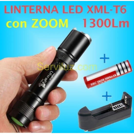 Linterna LED CREE XML T6, 1.300 Lumen 5 modos con Zoom de 12,5